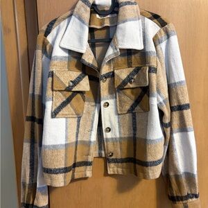Plaid Cropped Button-Up Jacket in Tan and White M